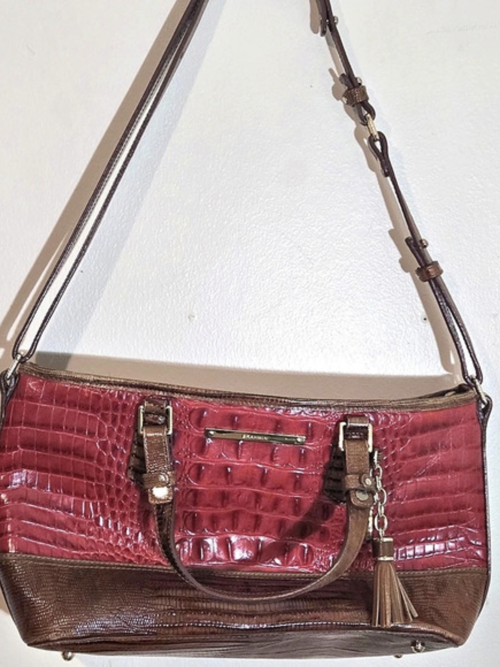 Brahmin Crocodile Embossed Shoulder Bag in Red & Brown